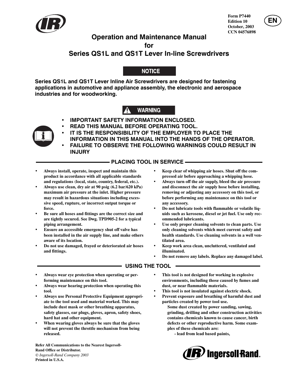 Ingersoll-Rand LEVER IN-LINE AIR SCREWDRIVER QS1T User Manual | 40 pages