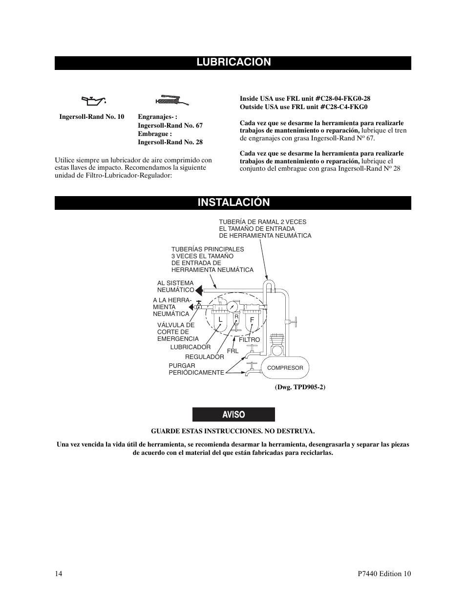 Lubricacion, Instalación, Guarde estas instrucciones. no destruya | Ingersoll-Rand LEVER IN-LINE AIR SCREWDRIVER QS1T User Manual | Page 14 / 40