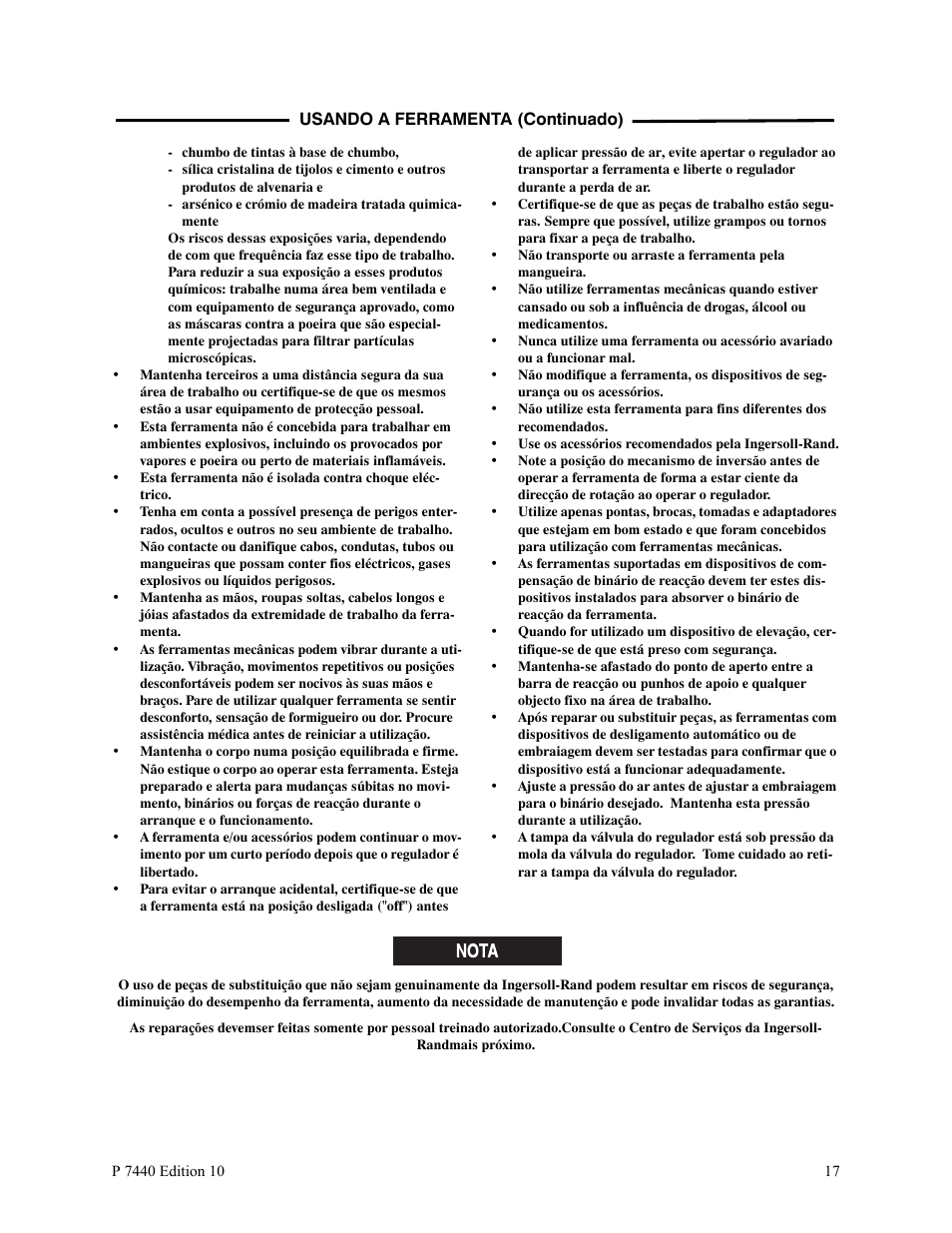 Usando a ferramenta (continuado) | Ingersoll-Rand LEVER IN-LINE AIR SCREWDRIVER QS1T User Manual | Page 17 / 40