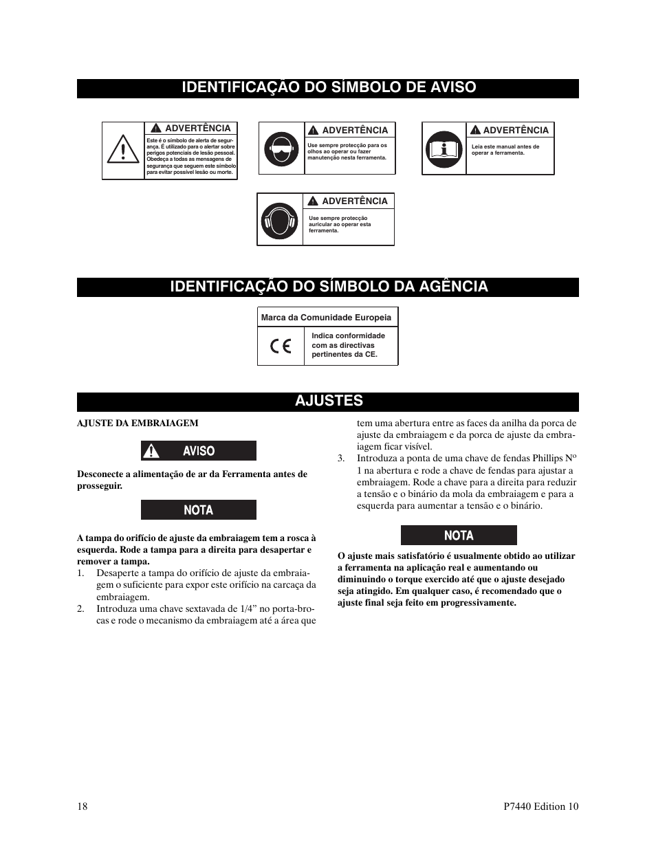 Identificação do símbolo de aviso, Identificação do símbolo da agência, Ajustes | Ingersoll-Rand LEVER IN-LINE AIR SCREWDRIVER QS1T User Manual | Page 18 / 40