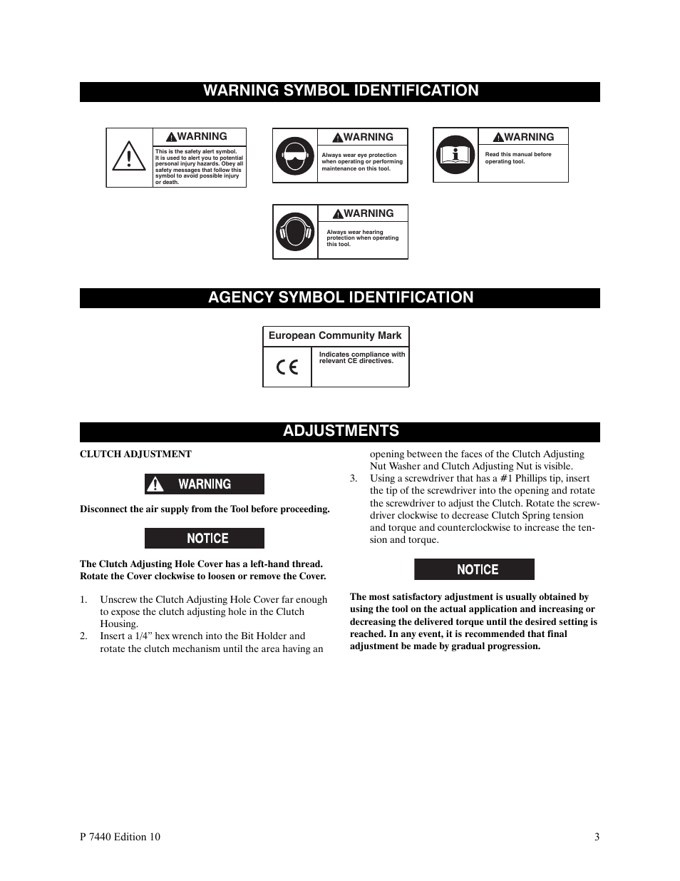 Warning symbol identification, Agency symbol identification, Adjustments | Ingersoll-Rand LEVER IN-LINE AIR SCREWDRIVER QS1T User Manual | Page 3 / 40