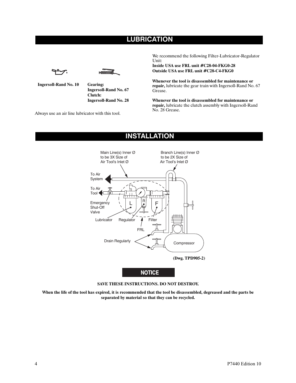 Lubrication, Installation, Save these instructions. do not destroy | Ingersoll-Rand LEVER IN-LINE AIR SCREWDRIVER QS1T User Manual | Page 4 / 40