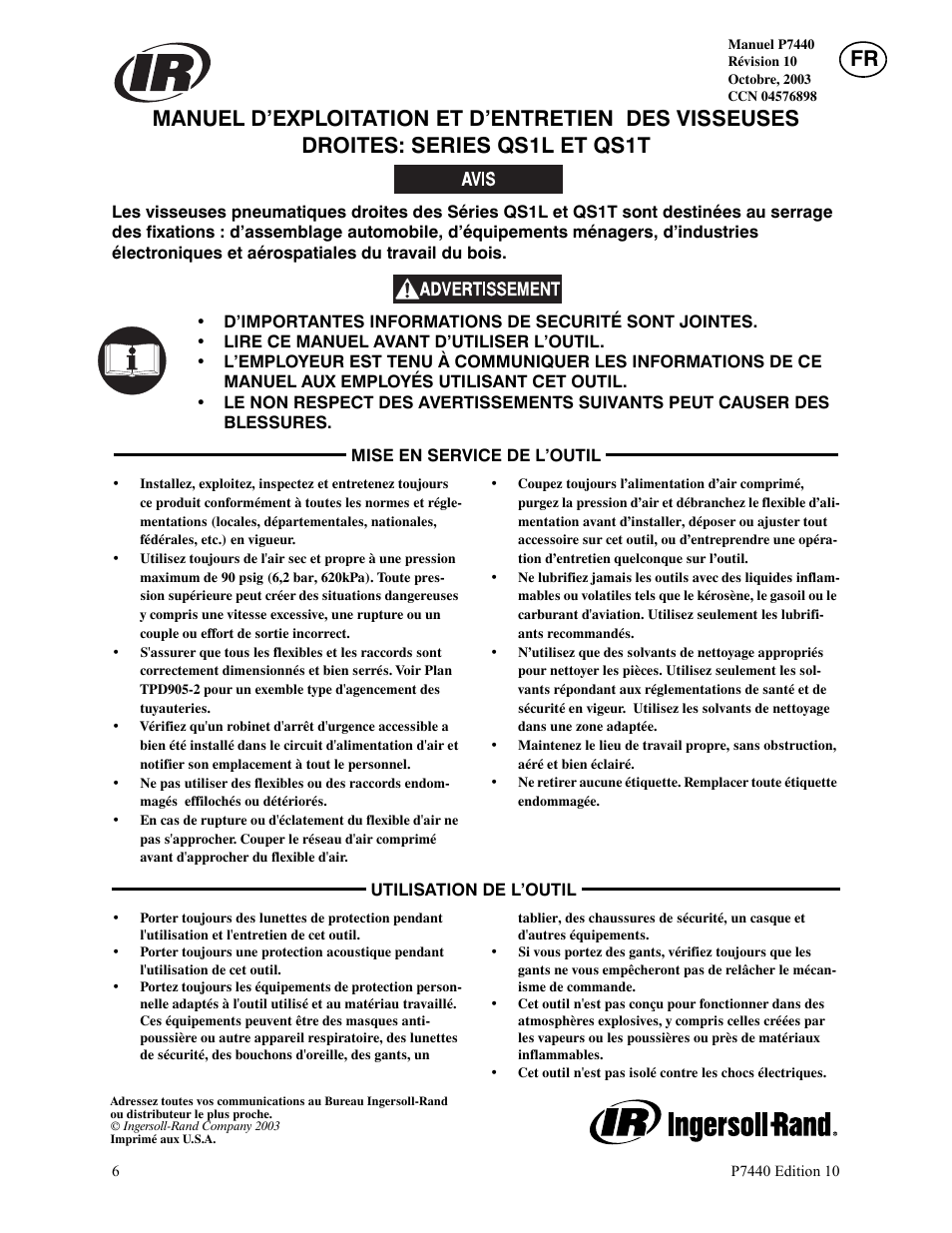 Lire ce manuel avant d’utiliser l’outil, Mise en service de l’outil, Utilisation de l’outil | Ingersoll-Rand LEVER IN-LINE AIR SCREWDRIVER QS1T User Manual | Page 6 / 40