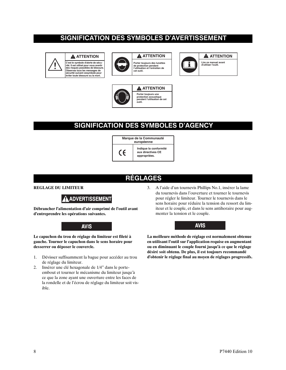 Signification des symboles d’avertissement, Signification des symboles d’agency, Réglages | Ingersoll-Rand LEVER IN-LINE AIR SCREWDRIVER QS1T User Manual | Page 8 / 40