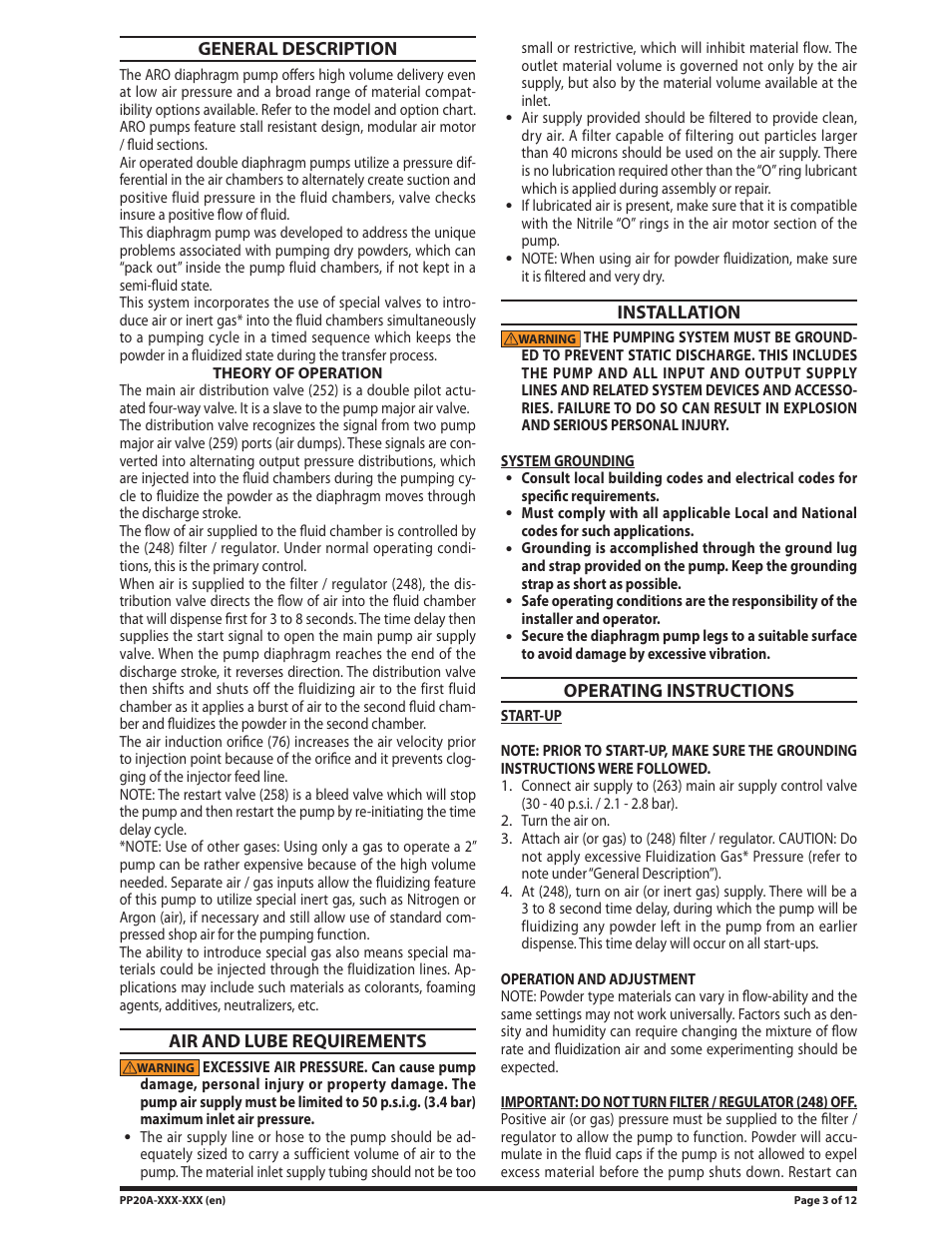 General description, Air and lube requirements, Installation | Operating instructions | Ingersoll-Rand PP20A-XXX-XXX User Manual | Page 3 / 12