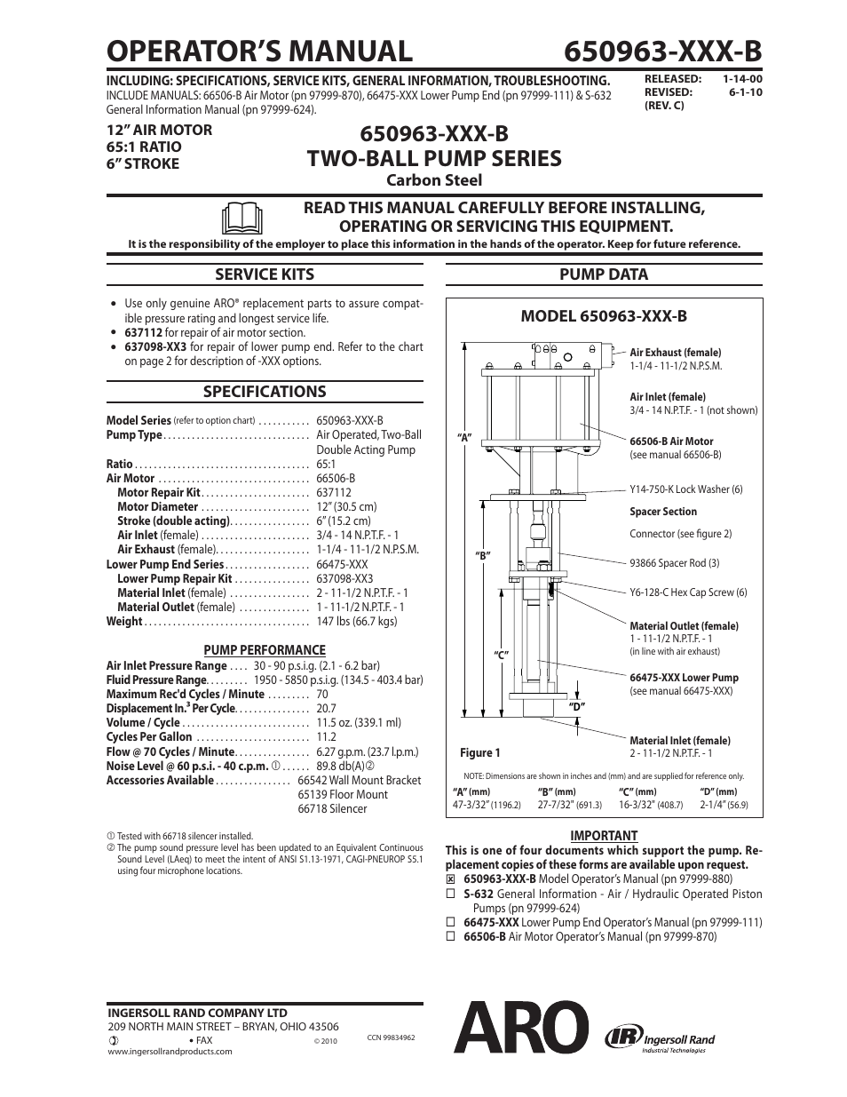 Ingersoll-Rand TWO-BALL PUMP SERIES 650963-XXX-B User Manual | 2 pages