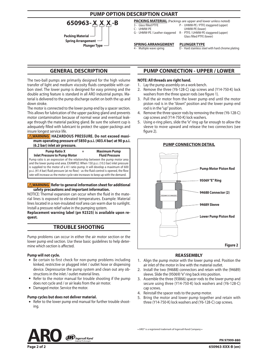 General description, Trouble shooting, Pump connection - upper / lower | Pump option description chart | Ingersoll-Rand TWO-BALL PUMP SERIES 650963-XXX-B User Manual | Page 2 / 2