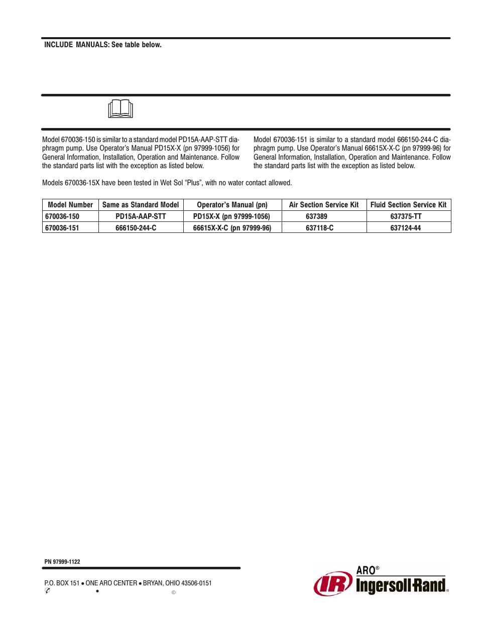 Ingersoll-Rand ARO 670036-15X User Manual | 1 page