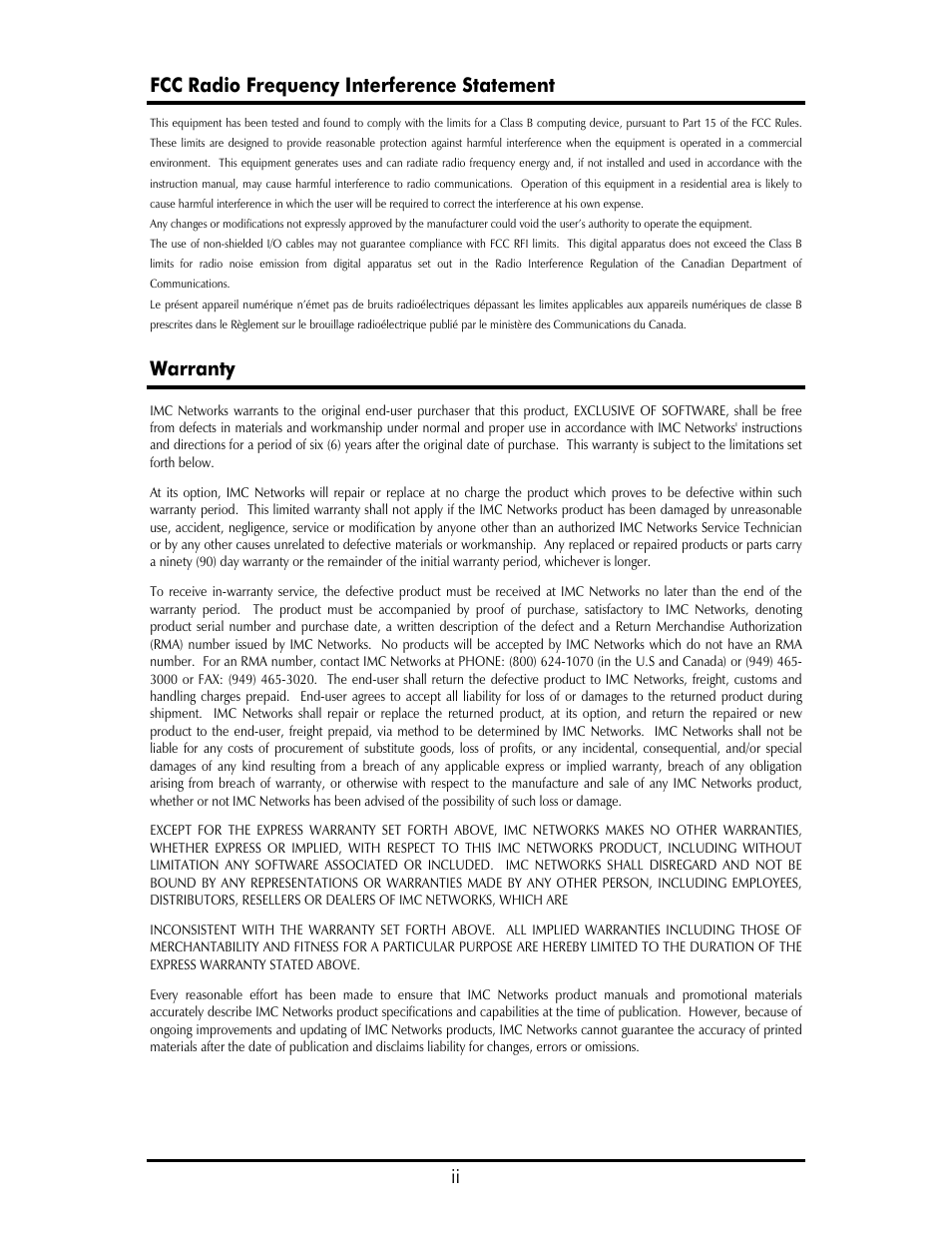 Ii fcc radio frequency interference statement, Warranty | IMC Networks FAIL-SAFE MOR-F-632-120-EB82 User Manual | Page 2 / 36