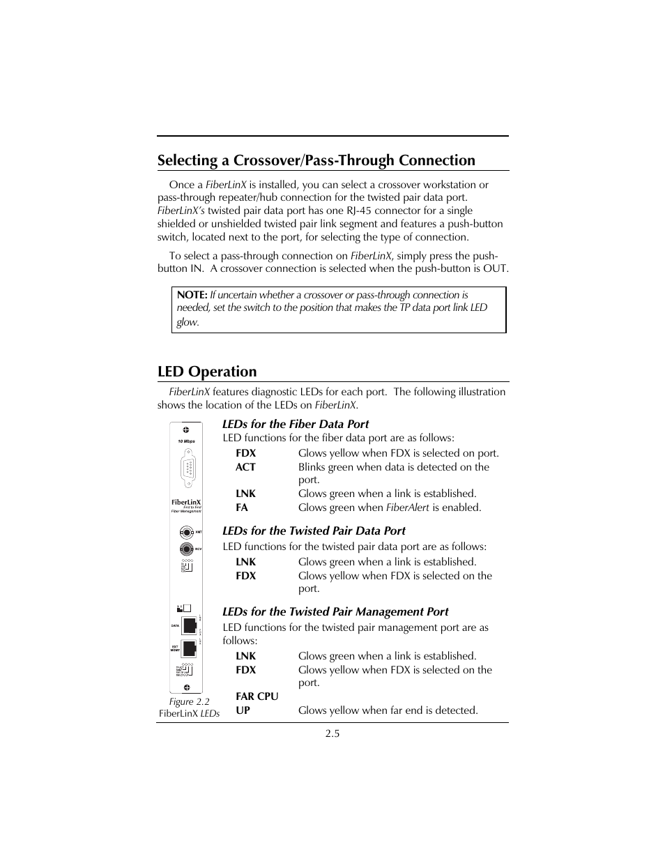 Selecting a crossover/pass-through connection, Led operation | IMC Networks FiberLinX User Manual | Page 11 / 32