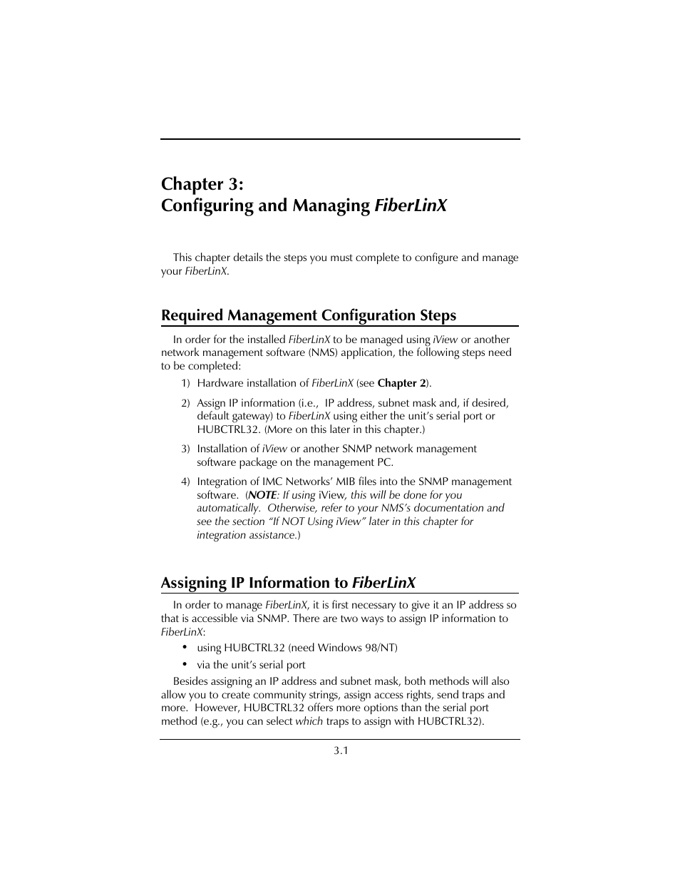 Chapter 3: configuring and managing fiberlinx, Required management configuration steps, Assigning ip information to fiberlinx | IMC Networks FiberLinX User Manual | Page 13 / 32