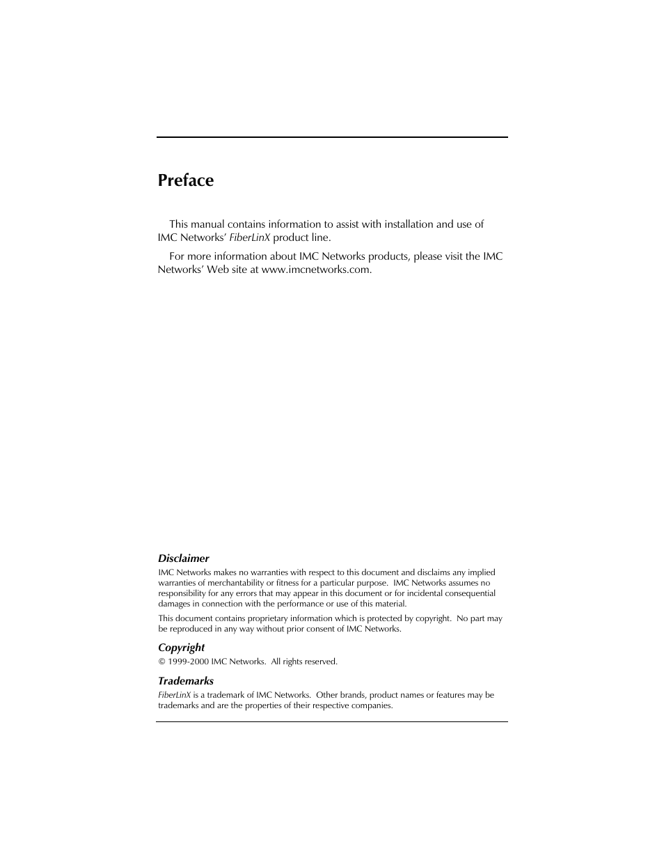 Preface | IMC Networks FiberLinX User Manual | Page 2 / 32