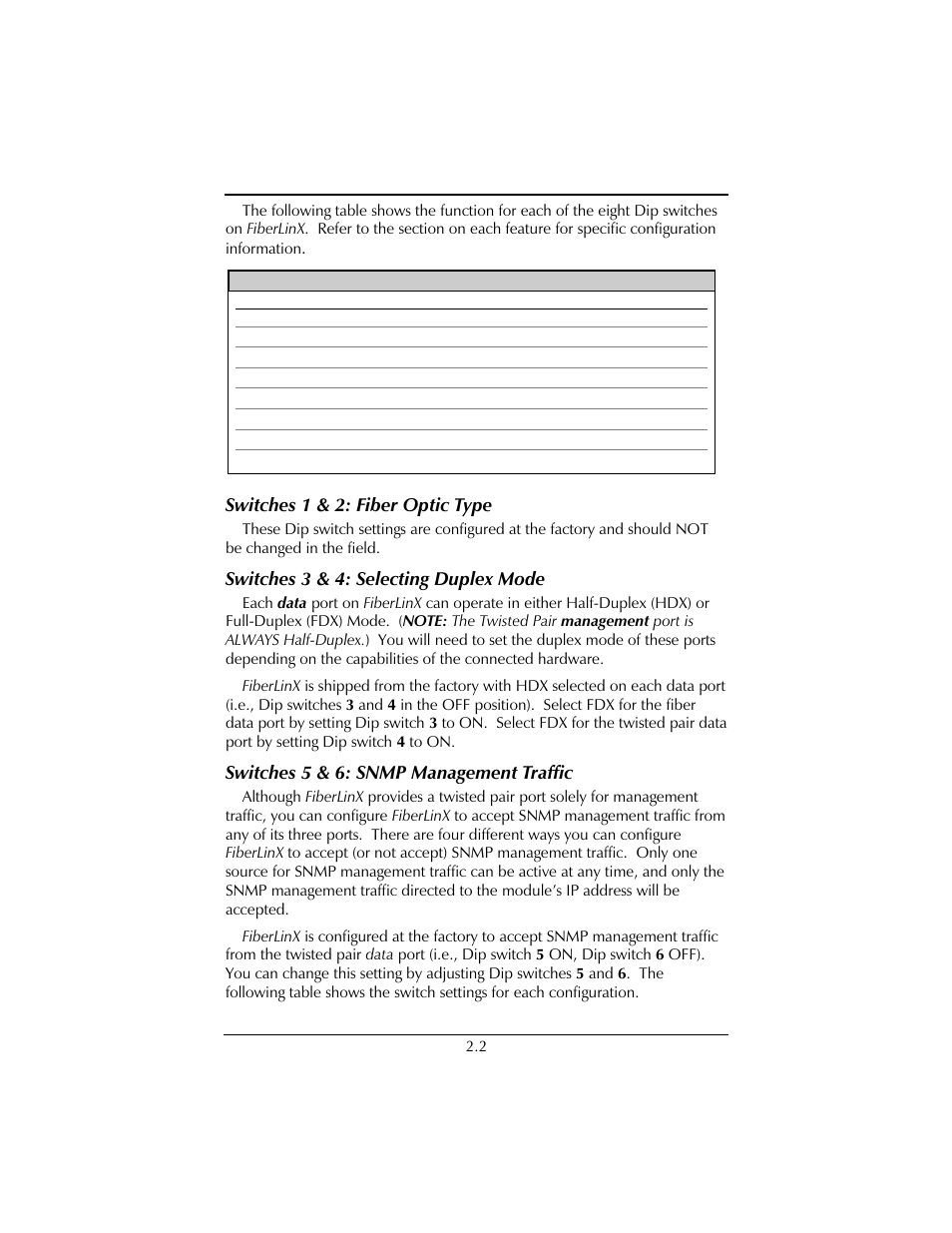 Switches 1 & 2: fiber optic type, Switches 3 & 4: selecting duplex mode, Switches 5 & 6: snmp management traffic | IMC Networks FiberLinX User Manual | Page 8 / 32