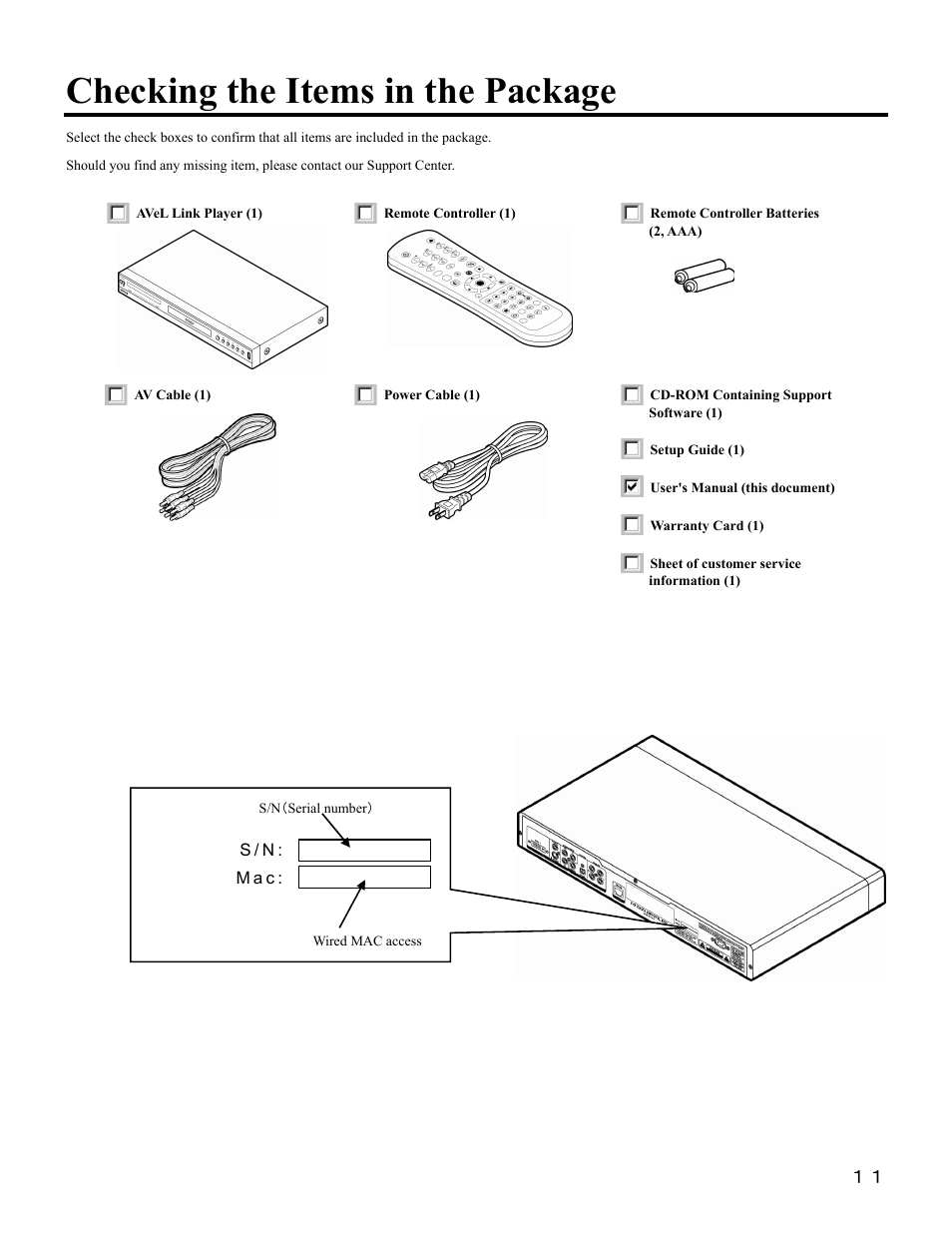 Checking the items in the package, M a c : s / n | I-O Display Systems SRDVD-100U User Manual | Page 13 / 84