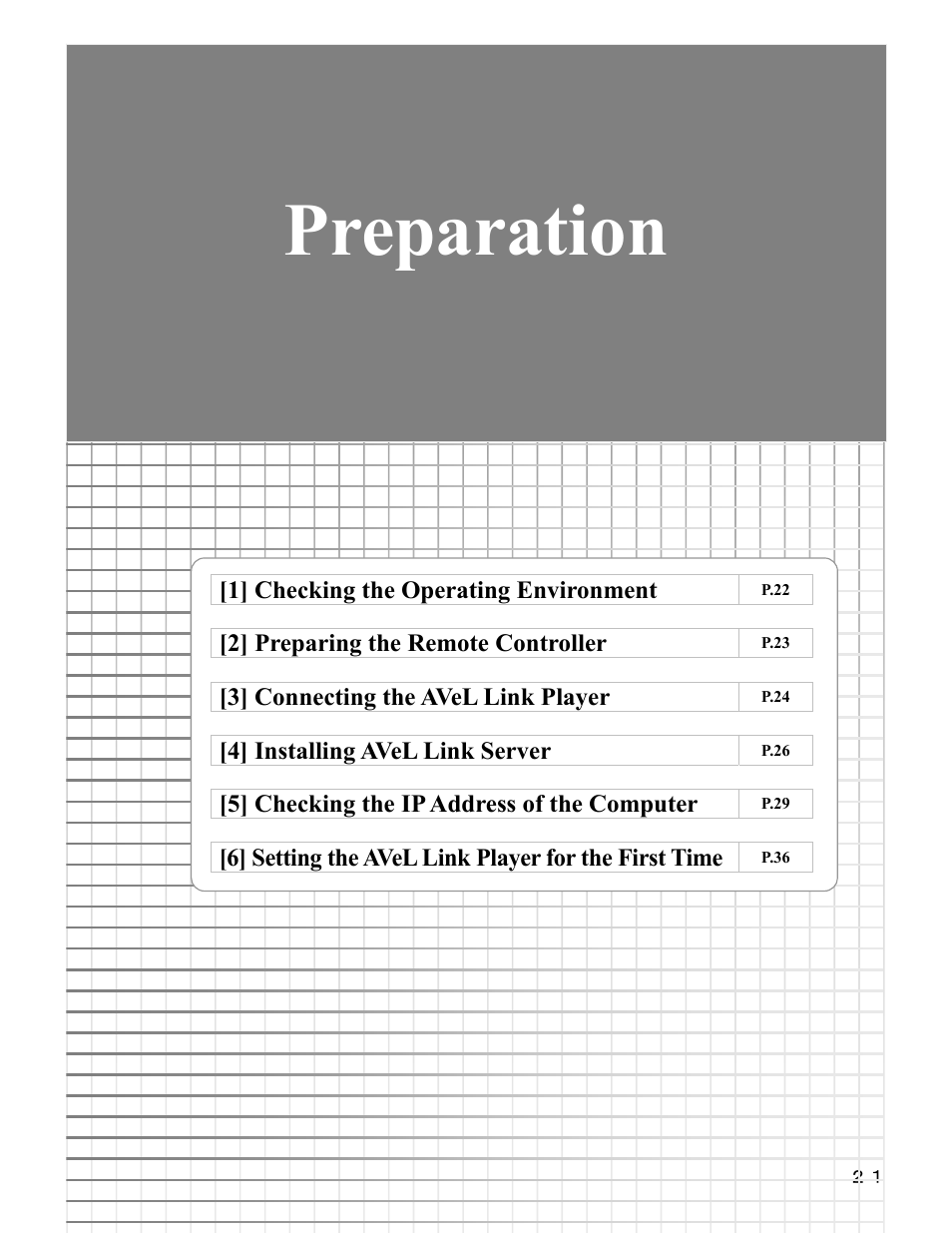 Preparation, 1] checking the operating environment, 2] preparing the remote controller | 3] connecting the avel link player, 4] installing avel link server, 5] checking the ip address of the computer, 6] setting the avel link player for the first time | I-O Display Systems SRDVD-100U User Manual | Page 23 / 84