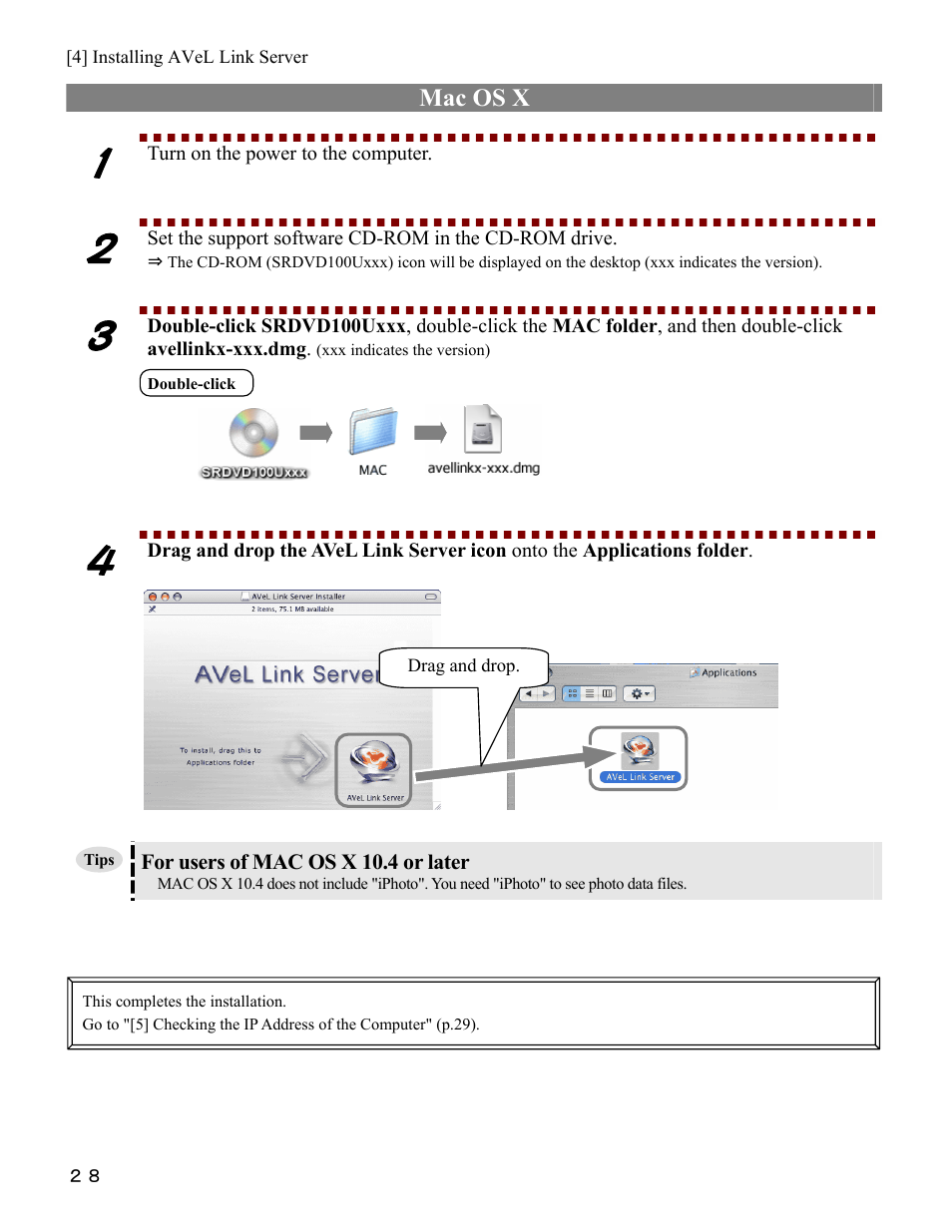 Mac os x, For users of mac os x 10.4 or later, Turn on the power to the computer | I-O Display Systems SRDVD-100U User Manual | Page 30 / 84