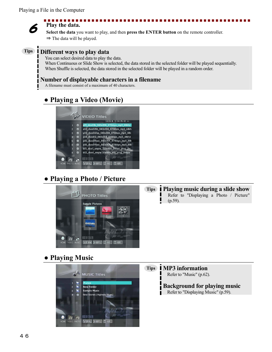 Playing a video (movie), Playing a photo / picture, Playing music | Different ways to play data, Number of displayable characters in a filename, Playing music during a slide show, Mp3 information, Background for playing music, Play the data | I-O Display Systems SRDVD-100U User Manual | Page 48 / 84