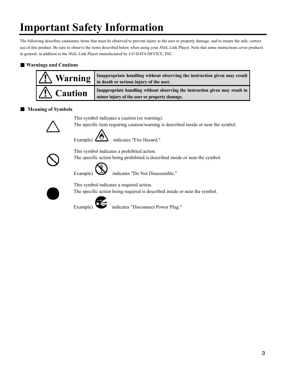 Important safety information, Warning, Caution | I-O Display Systems SRDVD-100U User Manual | Page 5 / 84