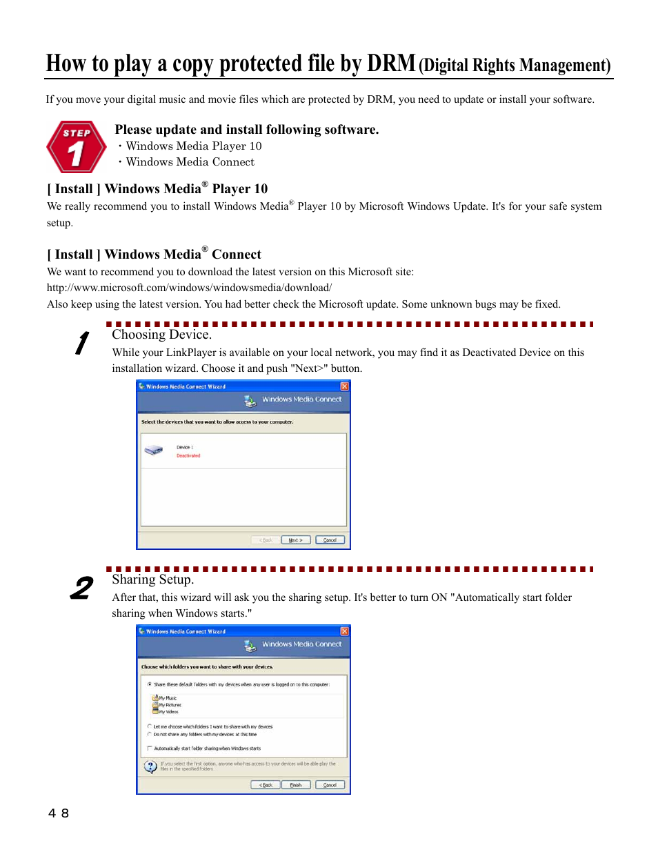 How to play a copy protected file by drm, Digital rights management), Please update and install following software | Install ] windows media, Player 10, Connect, Choosing device, Sharing setup | I-O Display Systems SRDVD-100U User Manual | Page 50 / 84