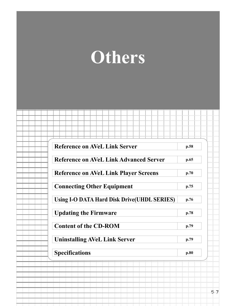 Others, Reference on avel link server, Reference on avel link advanced server | Reference on avel link player screens, Connecting other equipment, Using i-o data hard disk drive(uhdl series), Updating the firmware, Content of the cd-rom, Uninstalling avel link server, Specifications | I-O Display Systems SRDVD-100U User Manual | Page 59 / 84