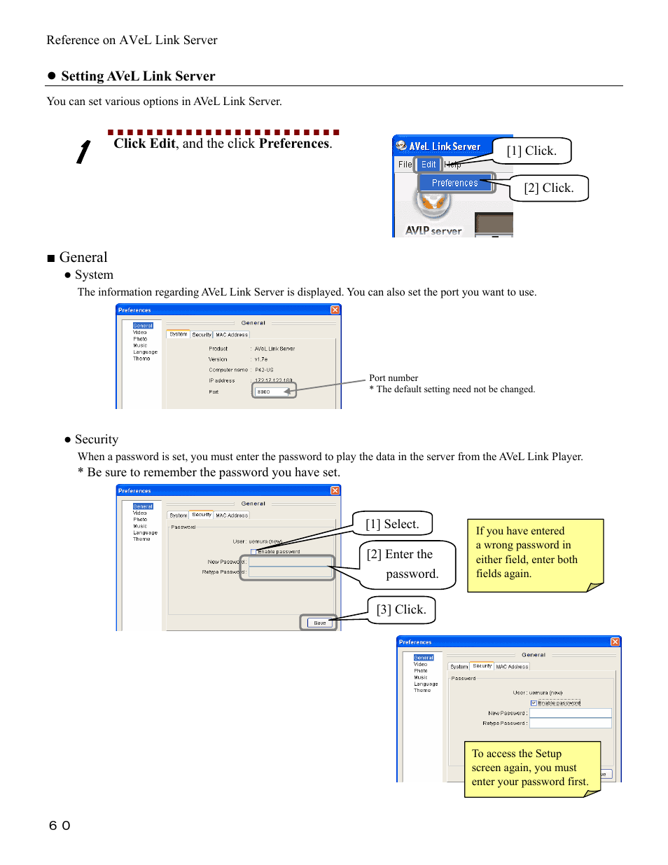 General, Setting avel link server, Click edit , and the click preferences | I-O Display Systems SRDVD-100U User Manual | Page 62 / 84