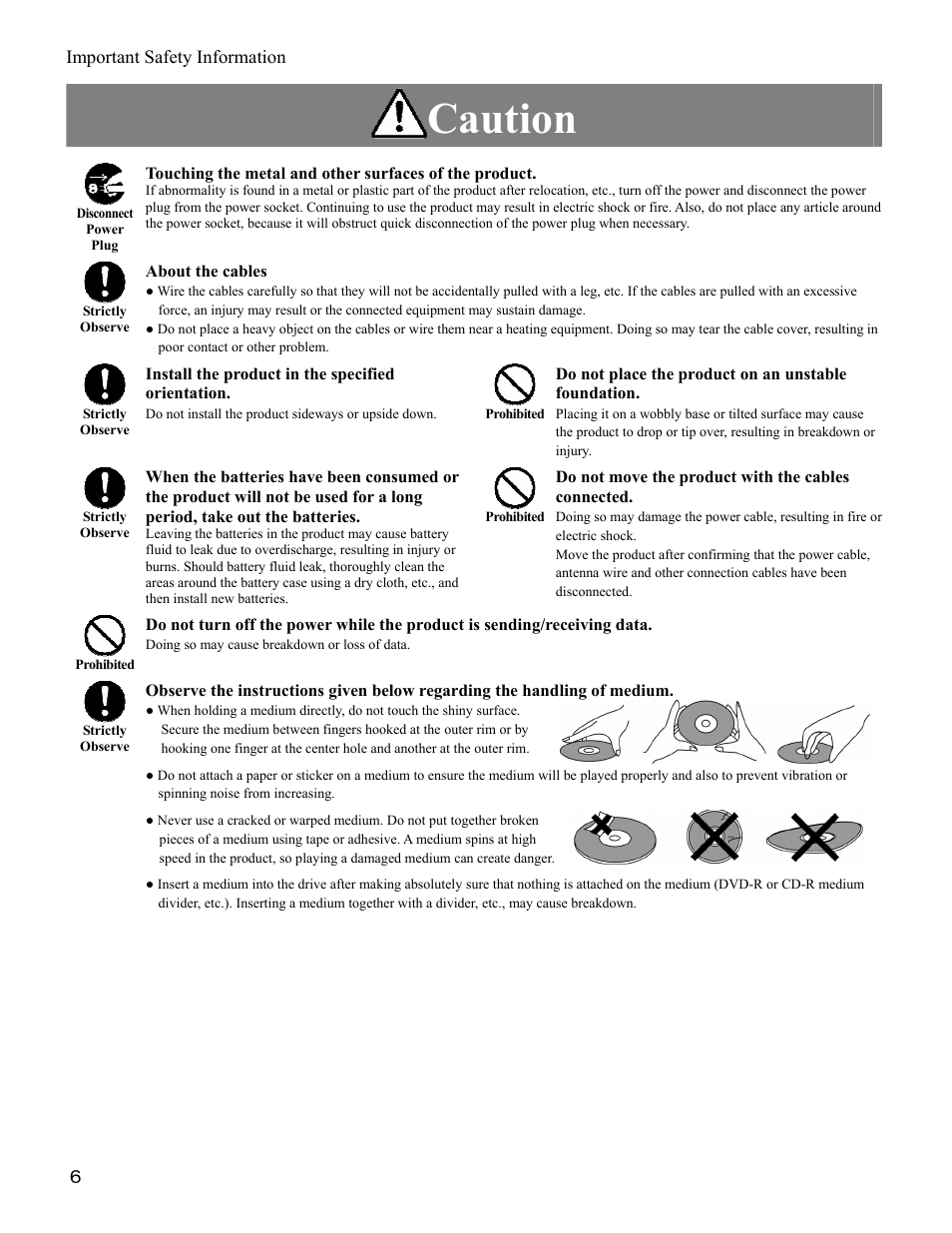 Caution, Important safety information, About the cables | Install the product in the specified orientation, Do not place the product on an unstable foundation, Do not move the product with the cables connected | I-O Display Systems SRDVD-100U User Manual | Page 8 / 84