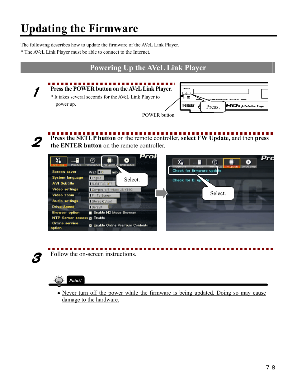 Updating the firmware, Powering up the avel link player | I-O Display Systems SRDVD-100U User Manual | Page 80 / 84