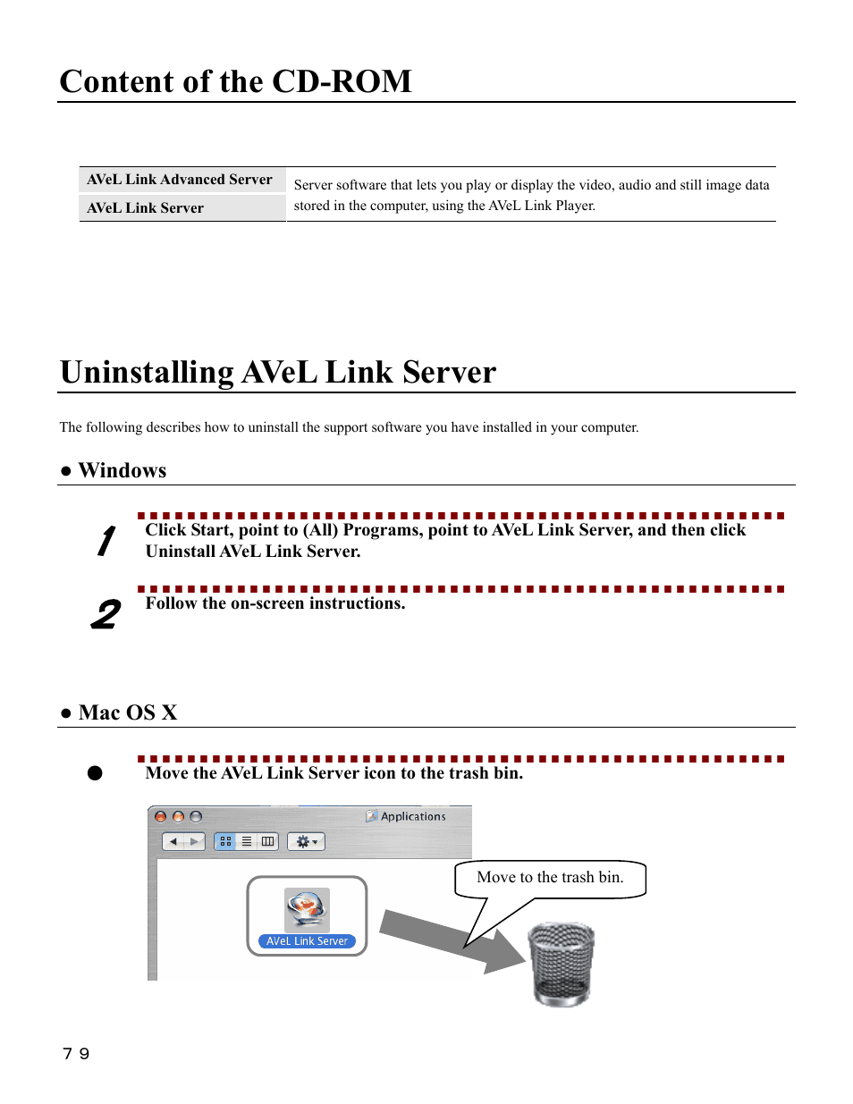 Content of the cd-rom, Uninstalling avel link server | I-O Display Systems SRDVD-100U User Manual | Page 81 / 84