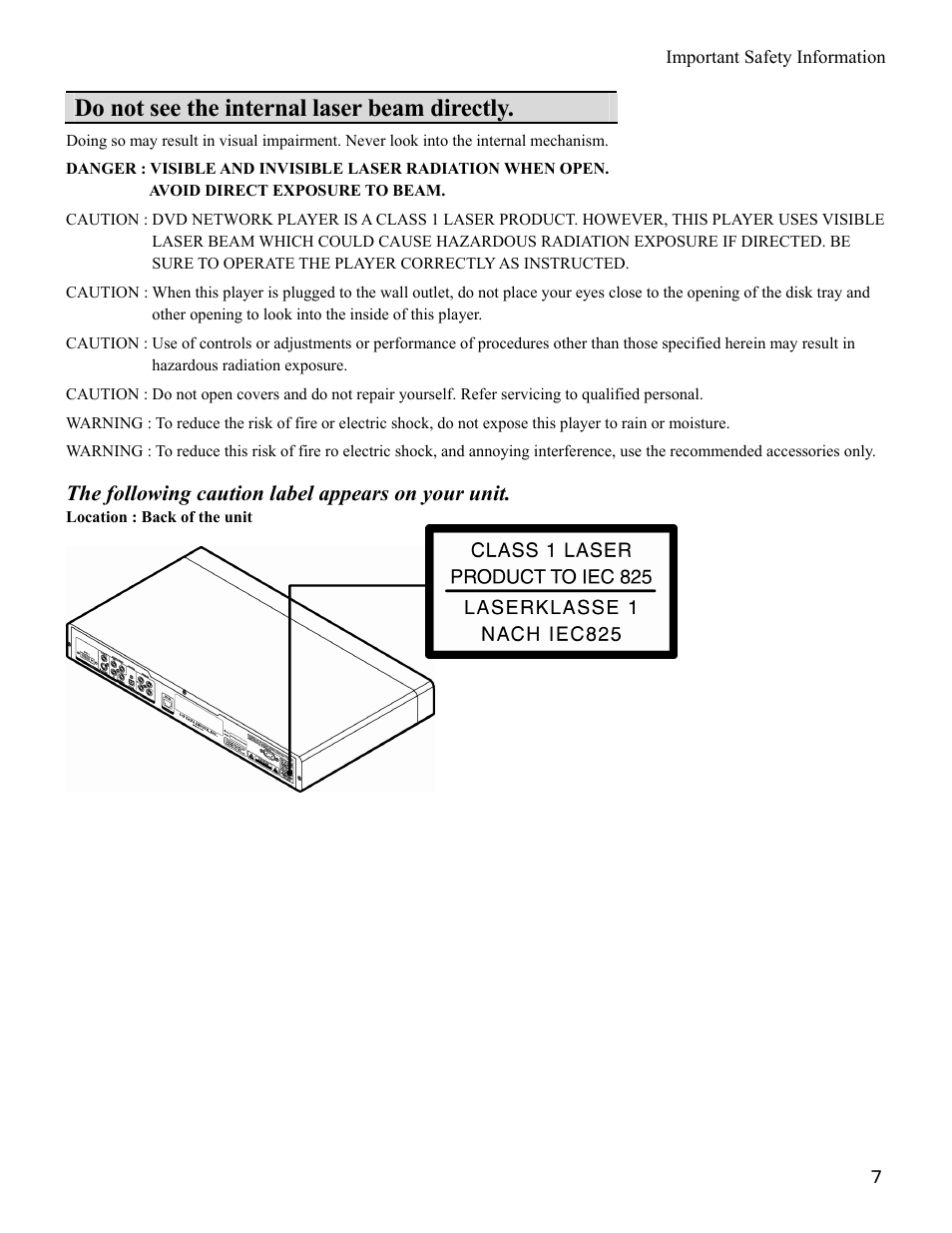Do not see the internal laser beam directly, The following caution label appears on your unit, Important safety information | I-O Display Systems SRDVD-100U User Manual | Page 9 / 84