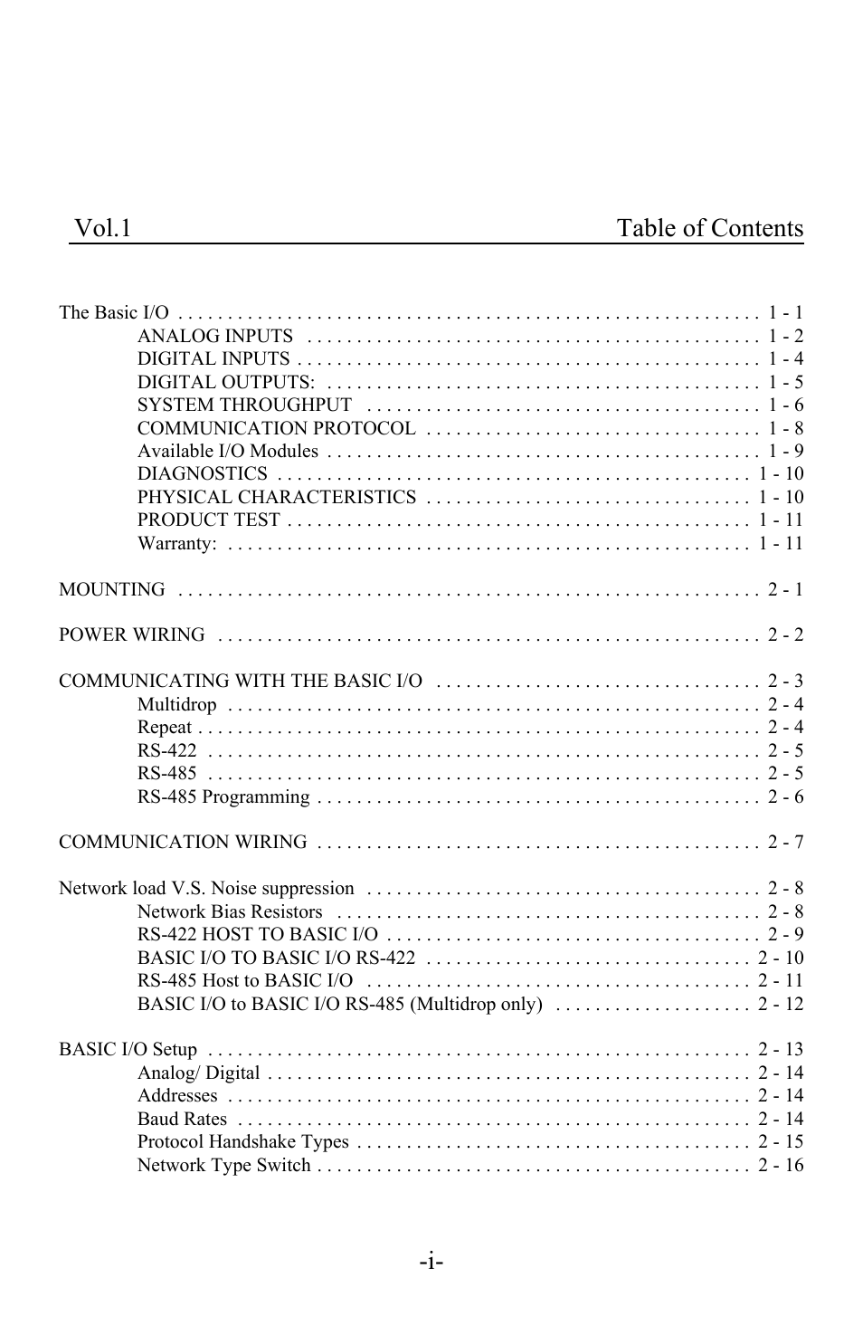 Vol.1 table of contents -i | I-O Display Systems Basic I/O Product User Manual | Page 4 / 81
