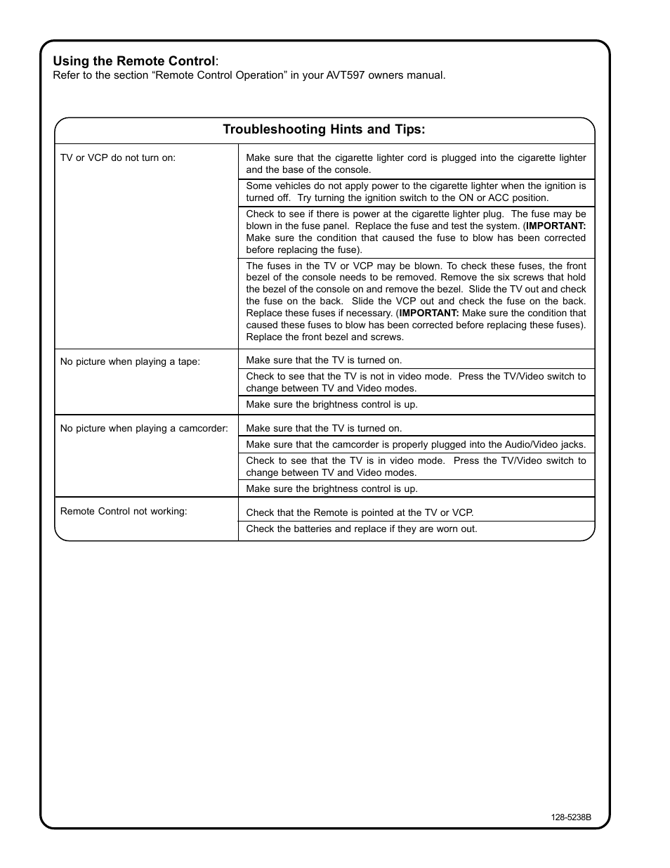 Using the remote control, Troubleshooting hints and tips | Intec AVT-597 User Manual | Page 6 / 6