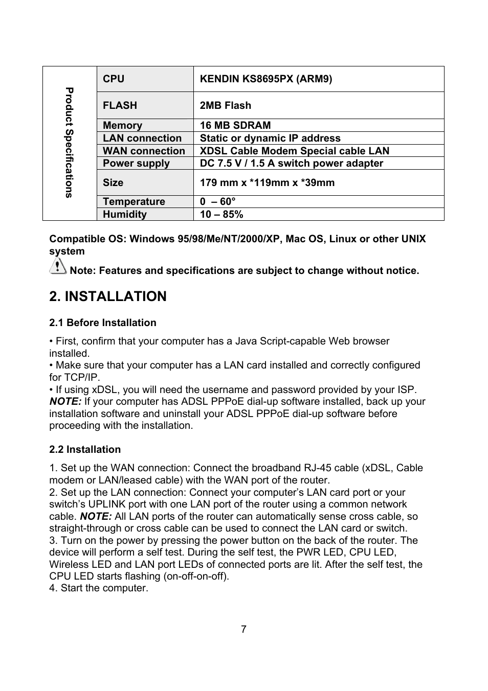 Installation | Intellinet Network Solutions Wireless G Broadband Router 523431 User Manual | Page 7 / 64