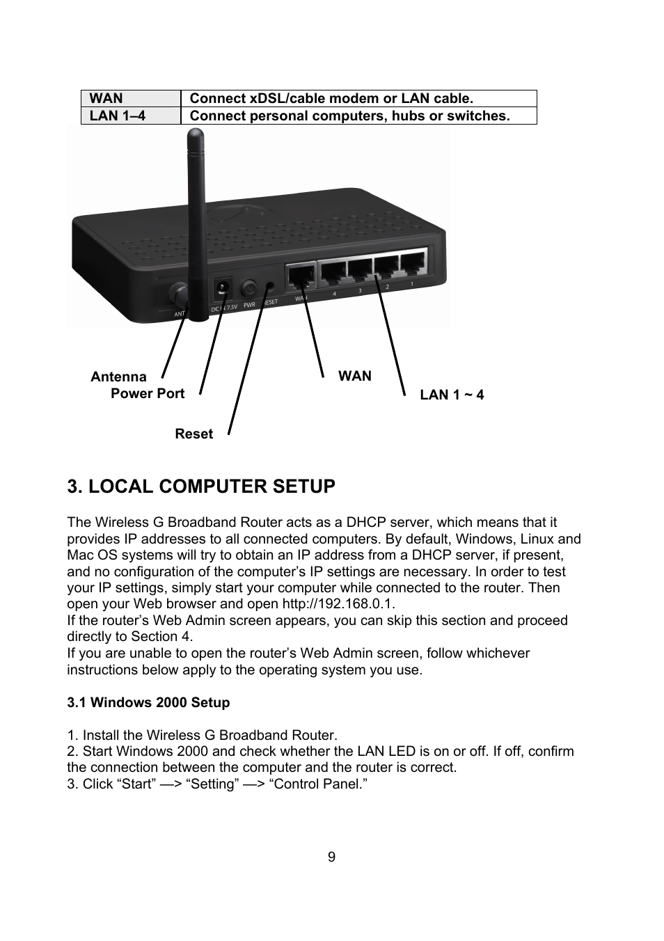 Local computer setup | Intellinet Network Solutions Wireless G Broadband Router 523431 User Manual | Page 9 / 64