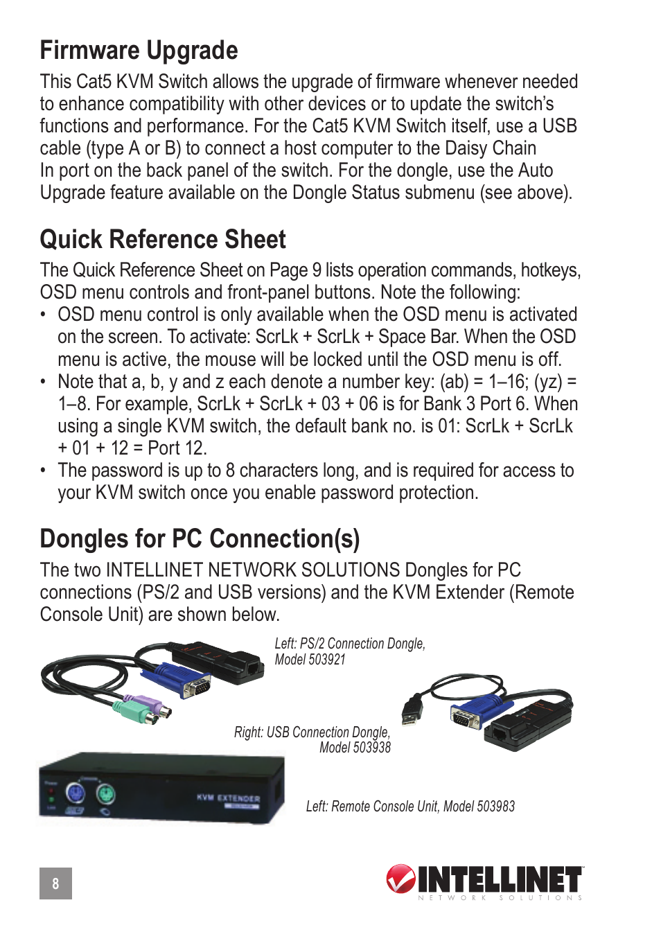 Firmware upgrade, Quick reference sheet, Dongles for pc connection(s) | Intellinet Network Solutions 503907 User Manual | Page 8 / 12