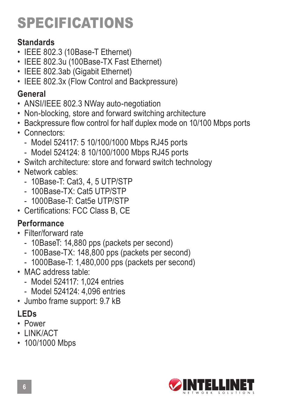 Specifications | Intellinet Network Solutions Intellinet Gigabit Ethernet Desktop Switch 524117 User Manual | Page 6 / 8