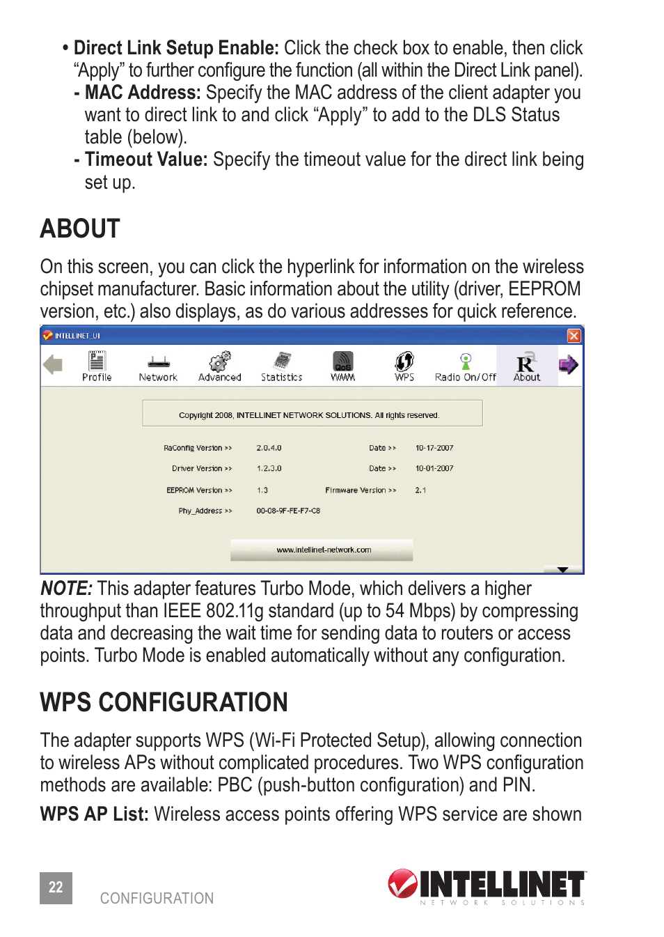 About, Wps configuration | Intellinet Network Solutions 524438 User Manual | Page 22 / 32