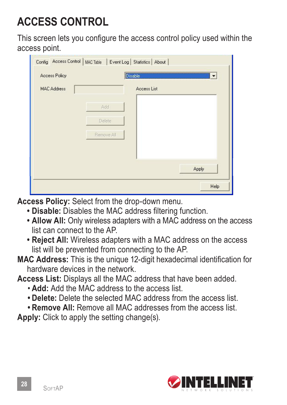 Access control | Intellinet Network Solutions 524438 User Manual | Page 28 / 32
