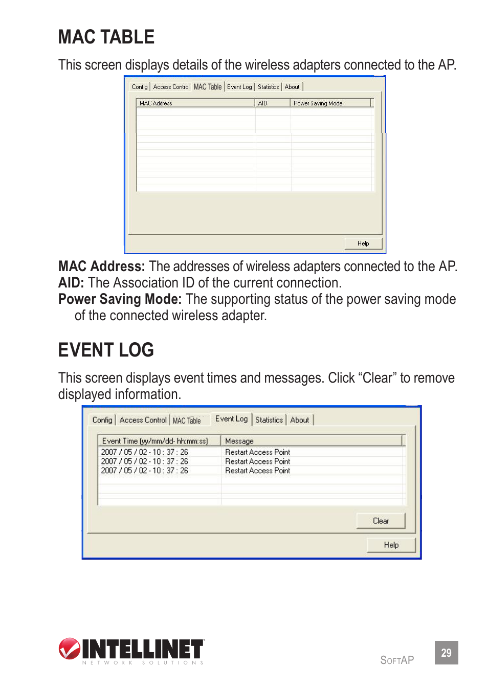 Mac table, Event log | Intellinet Network Solutions 524438 User Manual | Page 29 / 32