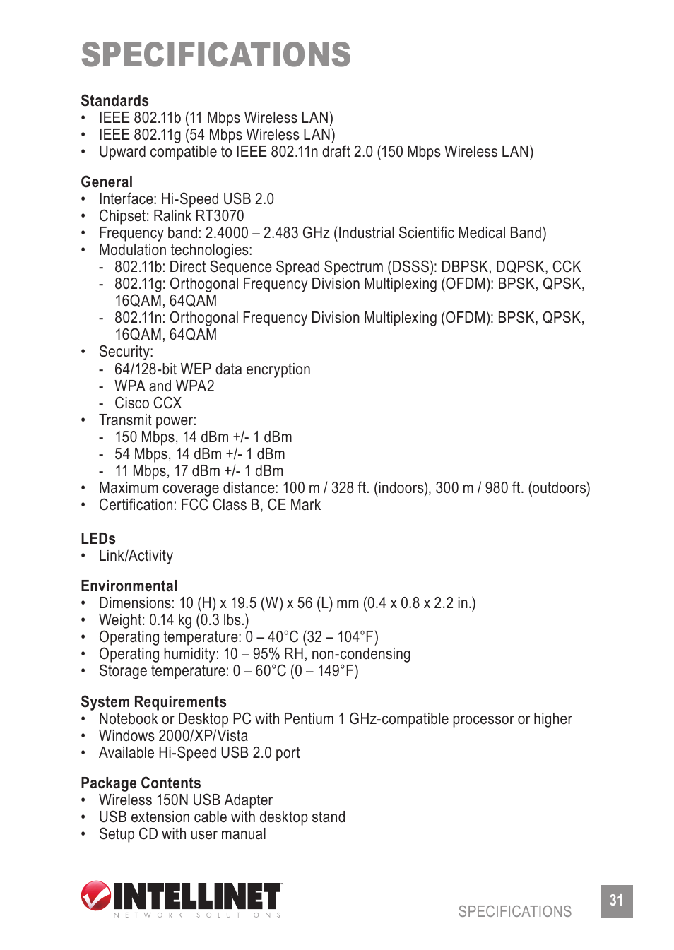 Specifications | Intellinet Network Solutions 524438 User Manual | Page 31 / 32
