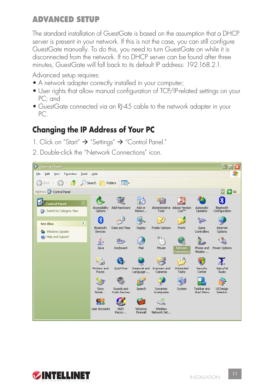 Advanced setup, Changing the ip address of your pc | Intellinet Network Solutions GUESTGATETM HOTSPOT GATEWAY 523240 User Manual | Page 11 / 88