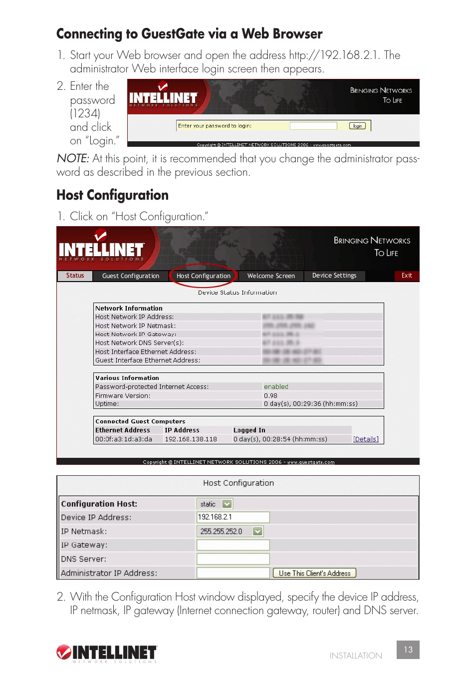 Connecting to guestgate via a web browser, Host configuration | Intellinet Network Solutions GUESTGATETM HOTSPOT GATEWAY 523240 User Manual | Page 13 / 88