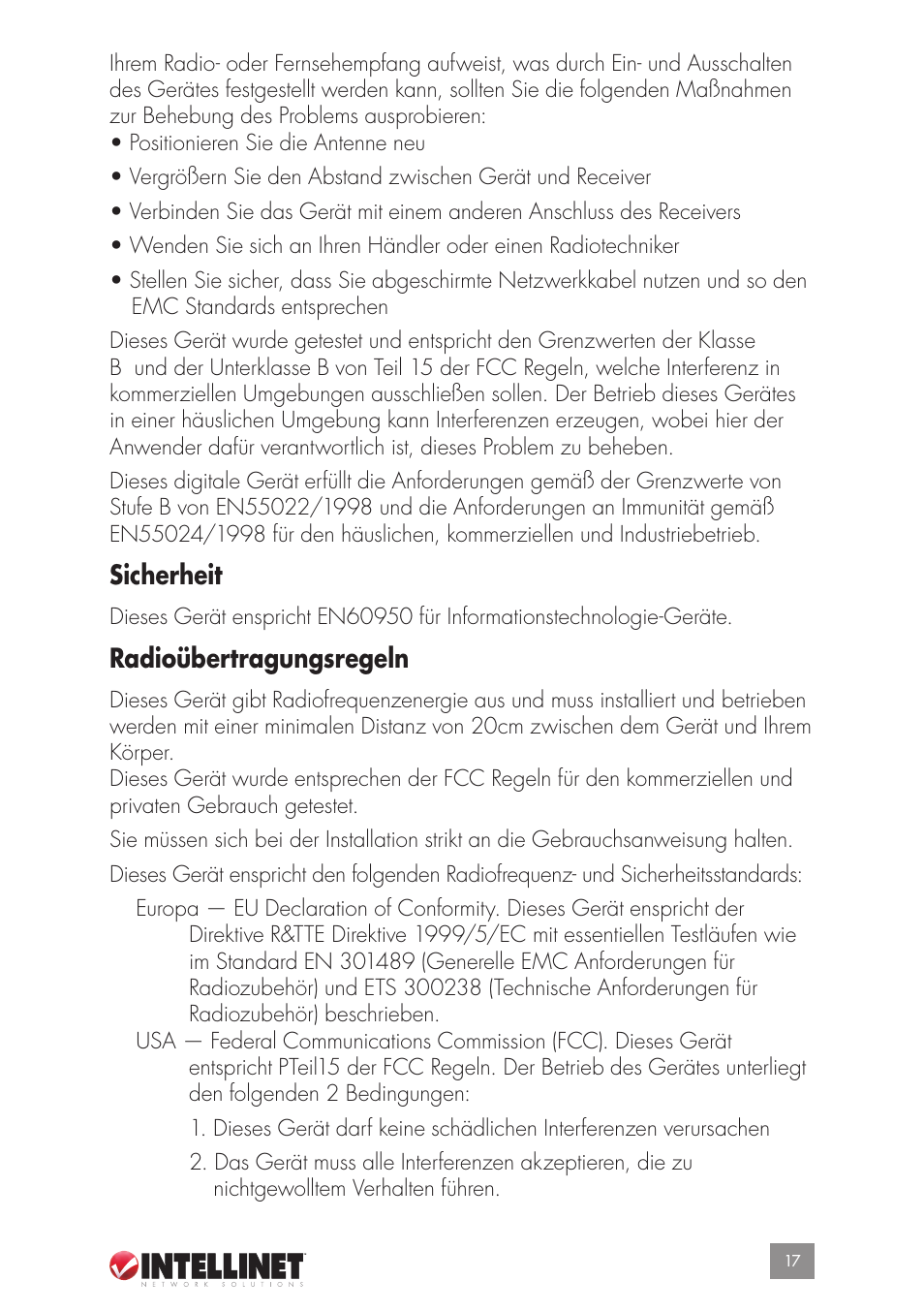 Sicherheit, Radioübertragungsregeln | Intellinet Network Solutions GUESTGATETM HOTSPOT GATEWAY 523240 User Manual | Page 17 / 88