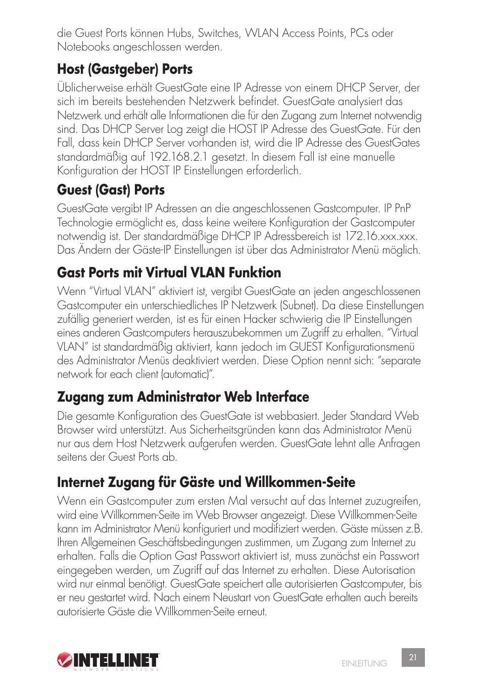 Host (gastgeber) ports, Guest (gast) ports, Gast ports mit virtual vlan funktion | Zugang zum administrator web interface, Internet zugang für gäste und willkommen-seite | Intellinet Network Solutions GUESTGATETM HOTSPOT GATEWAY 523240 User Manual | Page 21 / 88