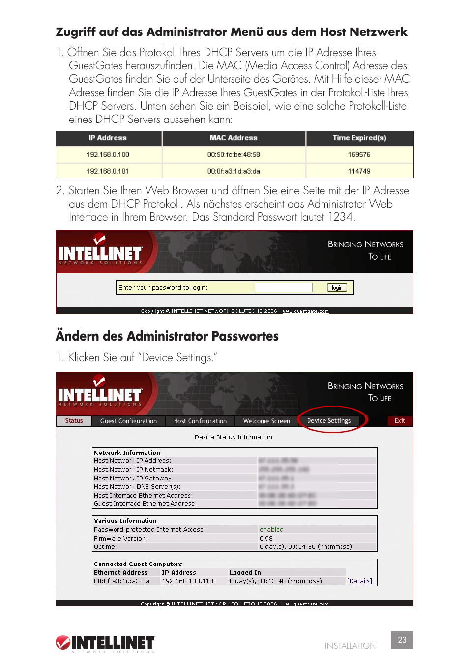 Ändern des administrator passwortes | Intellinet Network Solutions GUESTGATETM HOTSPOT GATEWAY 523240 User Manual | Page 23 / 88