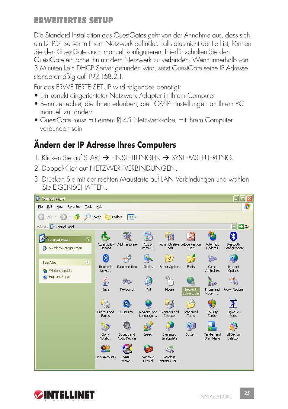 Erweitertes setup, Ändern der ip adresse ihres computers | Intellinet Network Solutions GUESTGATETM HOTSPOT GATEWAY 523240 User Manual | Page 25 / 88