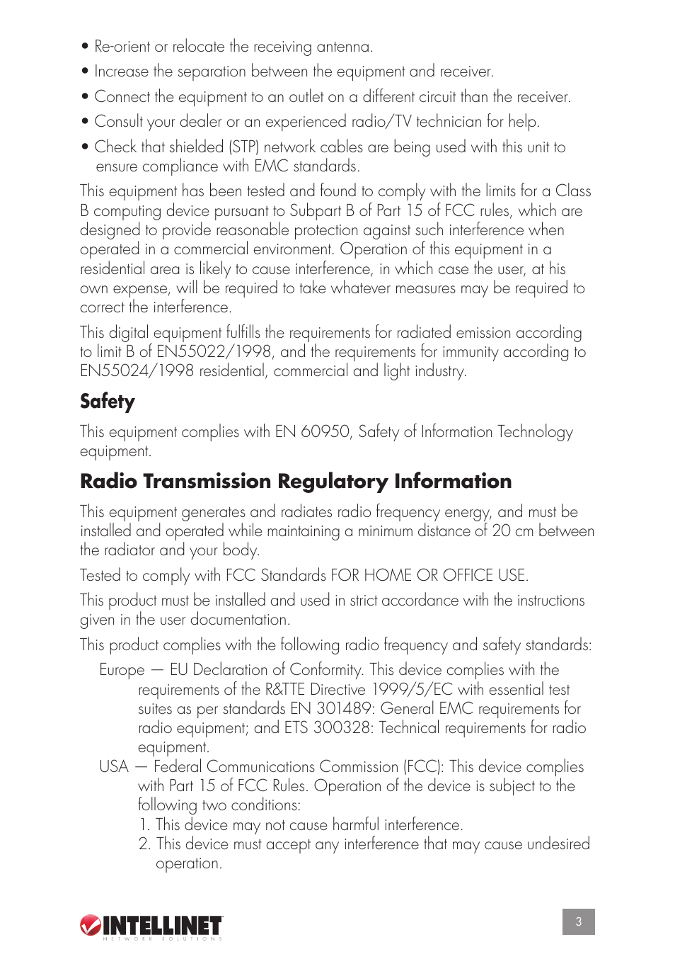 Safety, Radio transmission regulatory information | Intellinet Network Solutions GUESTGATETM HOTSPOT GATEWAY 523240 User Manual | Page 3 / 88