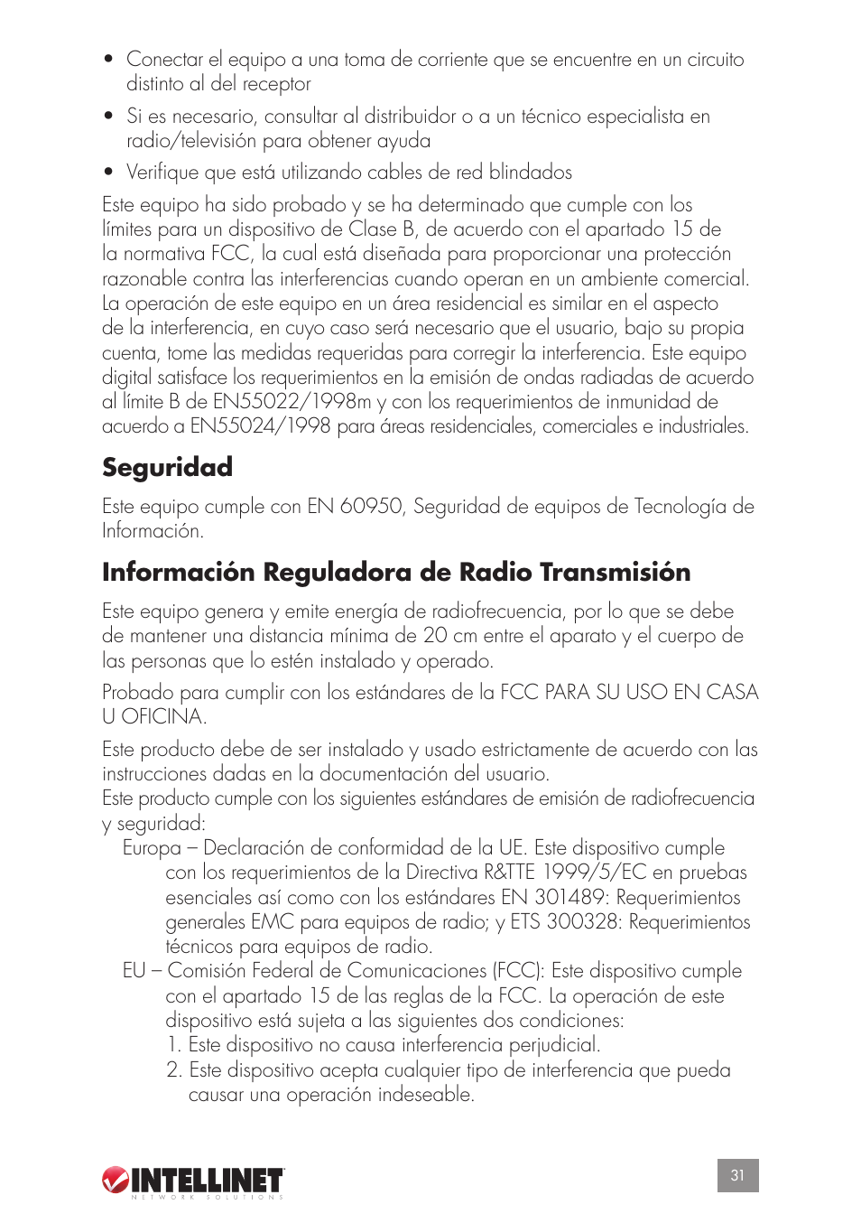 Seguridad, Información reguladora de radio transmisión | Intellinet Network Solutions GUESTGATETM HOTSPOT GATEWAY 523240 User Manual | Page 31 / 88