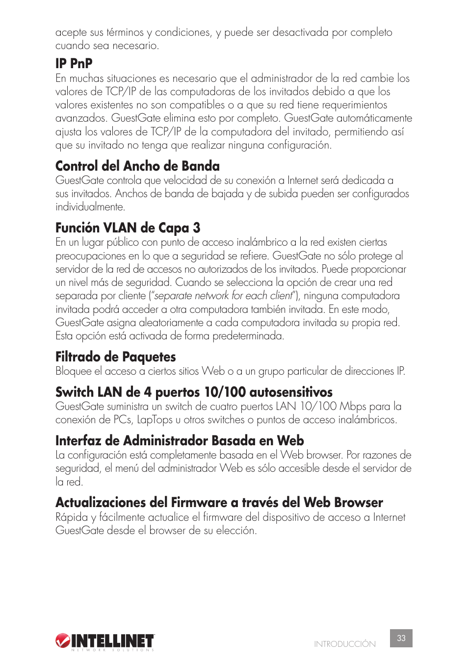 Ip pnp, Control del ancho de banda, Función vlan de capa 3 | Filtrado de paquetes, Interfaz de administrador basada en web | Intellinet Network Solutions GUESTGATETM HOTSPOT GATEWAY 523240 User Manual | Page 33 / 88