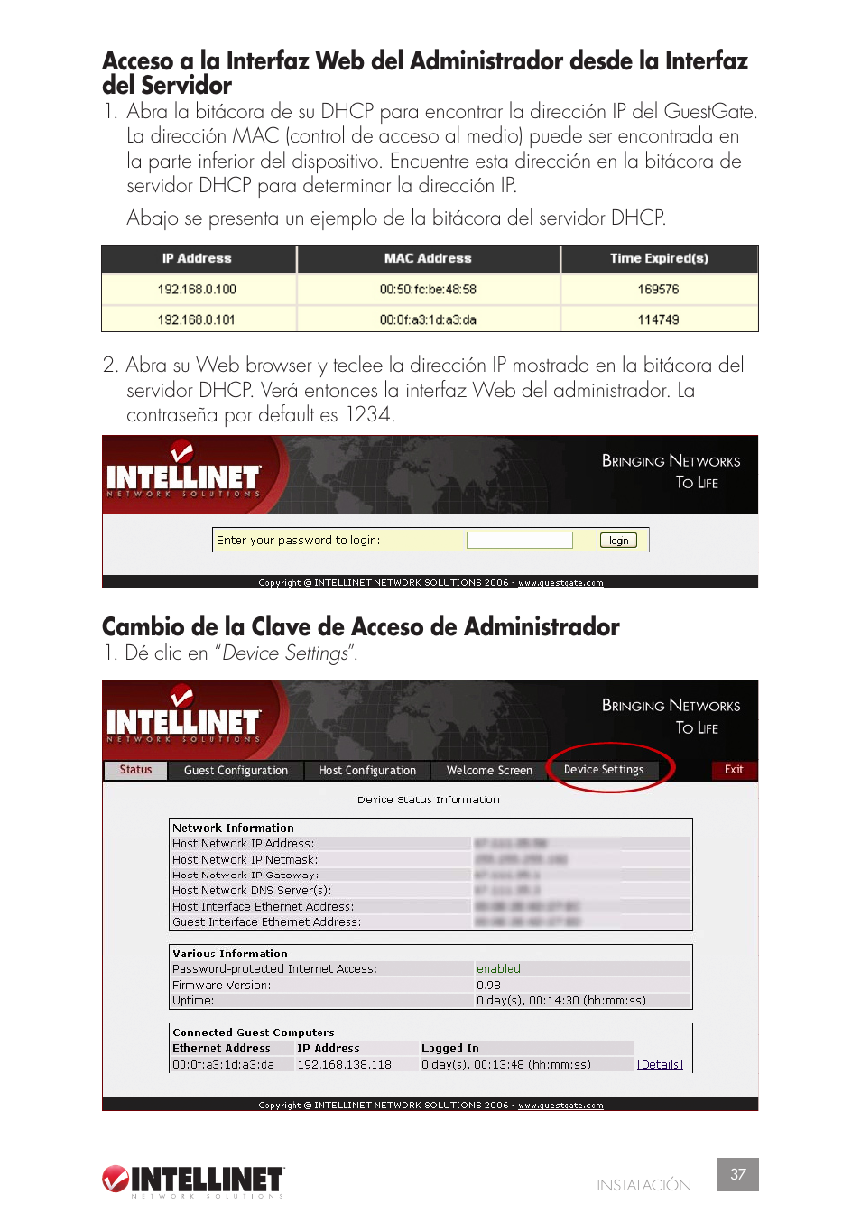 Cambio de la clave de acceso de administrador | Intellinet Network Solutions GUESTGATETM HOTSPOT GATEWAY 523240 User Manual | Page 37 / 88