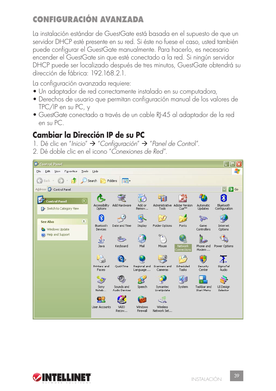 Configuración avanzada, Cambiar la dirección ip de su pc | Intellinet Network Solutions GUESTGATETM HOTSPOT GATEWAY 523240 User Manual | Page 39 / 88